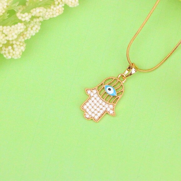 "Rose Gold Hamsa Hand Pendant with Evil Eye and Crystal Accents, XPPT1609 - Picture 8 of 13